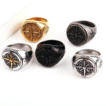Ретро мъжки кръгла компас в европейския и американския стил, пръстен от неръждаема стомана размер 7-13