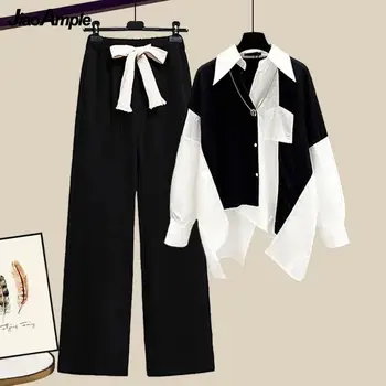 Жена модерен комплект 2024 Пролет-есен, Нова риза челно + Широки панталони с еластичен ластик на талията, Корейската елегантна блуза от две части, брючный костюм