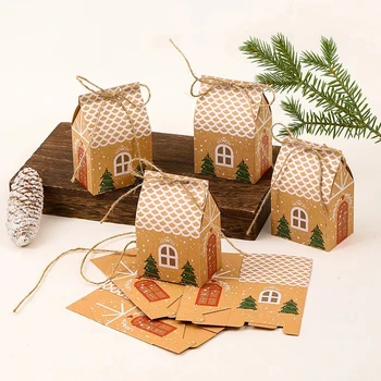 5шт Подарък пакети весела Коледа във формата на къщички от крафт-хартия, опаковки за шоколадови бонбони и бисквити, опаковки, кутии, Окачване под формата на елхи, декор за парти