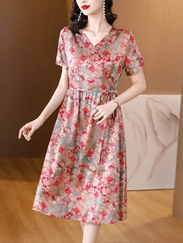Модни и Ежедневни Дамски дрехи от цветя от коприна, Летни Бандажные рокли с къс ръкав и V-образно деколте, свободна талия, Корейското Винтажное нощно рокля 2023 година на издаване
