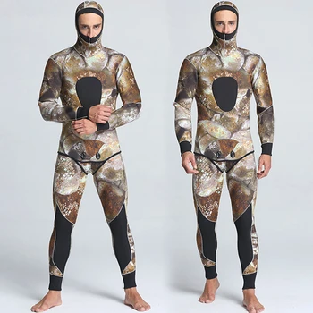 Водолазен костюм от неопрен с дебелина 5 мм, Камуфляжный отделни костюм-двойка за студена и топла подводен риболов, гарпунной риболов, гмуркане с шнорхел, сърф.