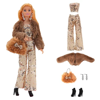 NK 1 Комплект Благороден комплект за стари ролеви игри кукли: кафяви палта + топ + панталони + обеци + гривна + чанта за модни дрехи на Барби кукли