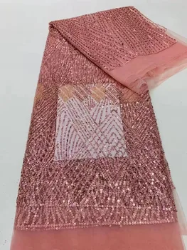 2023 Висококачествен Африкански дантела с ръчно изработени beaded Fabirc Nigreian Бродерия с Пайети Лейси плат Женски Сватбена рокля